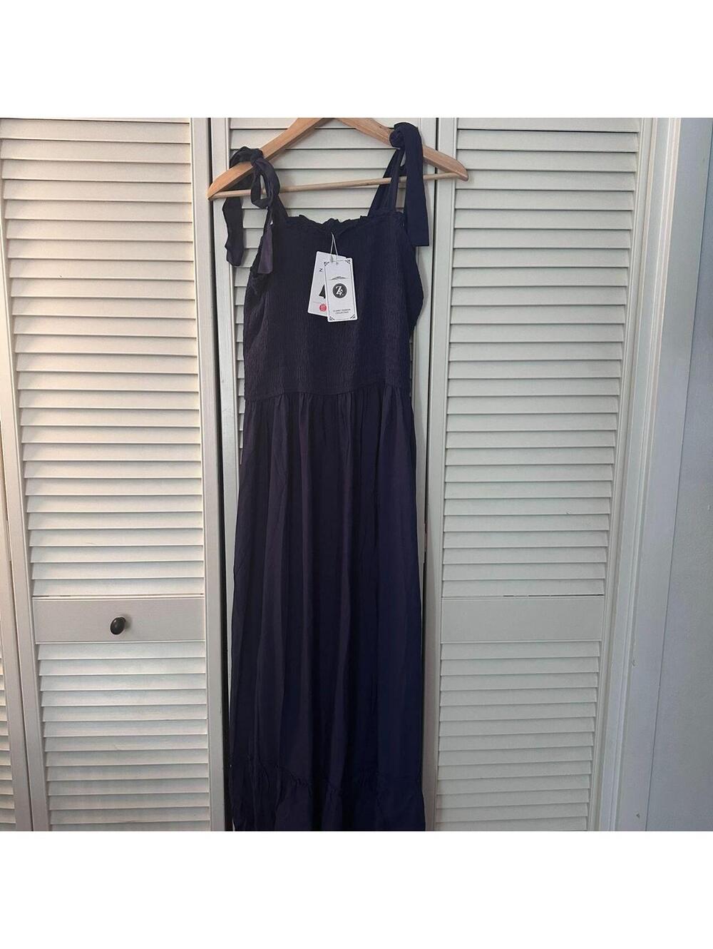 NWT Navy Smocked Maxi Dress XL Tie Strap Tiered Boho Dress